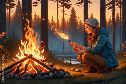 a lonely woman lighting a bonfire in a scenic forest. Generative AI