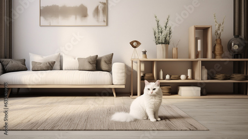 Foto Generative AI, fluffy white cat lies on the carpet in the living room, beloved p