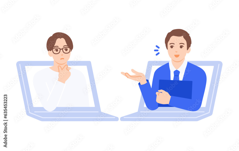オンライン上で営業するビジネスマンのベクターイラスト素材。 オンライン上で営業するビジネスマンのベクターイラスト素材。