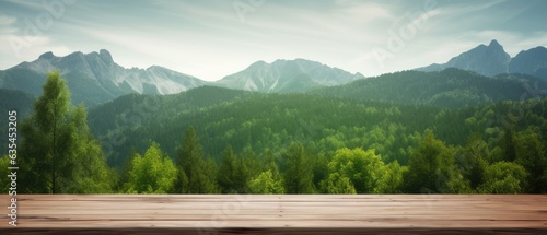 Empty wood table top with on blurred dark green forest with beautiful mountain view, Generative AI