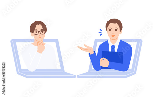 オンライン上で営業するビジネスマンのベクターイラスト素材。