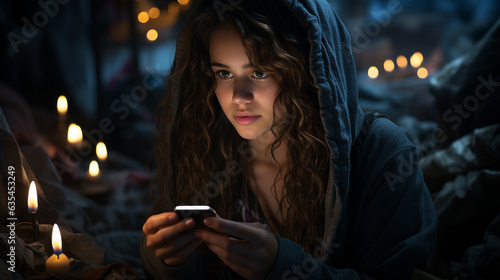 Woman using smartphone at night. Generative Ai
