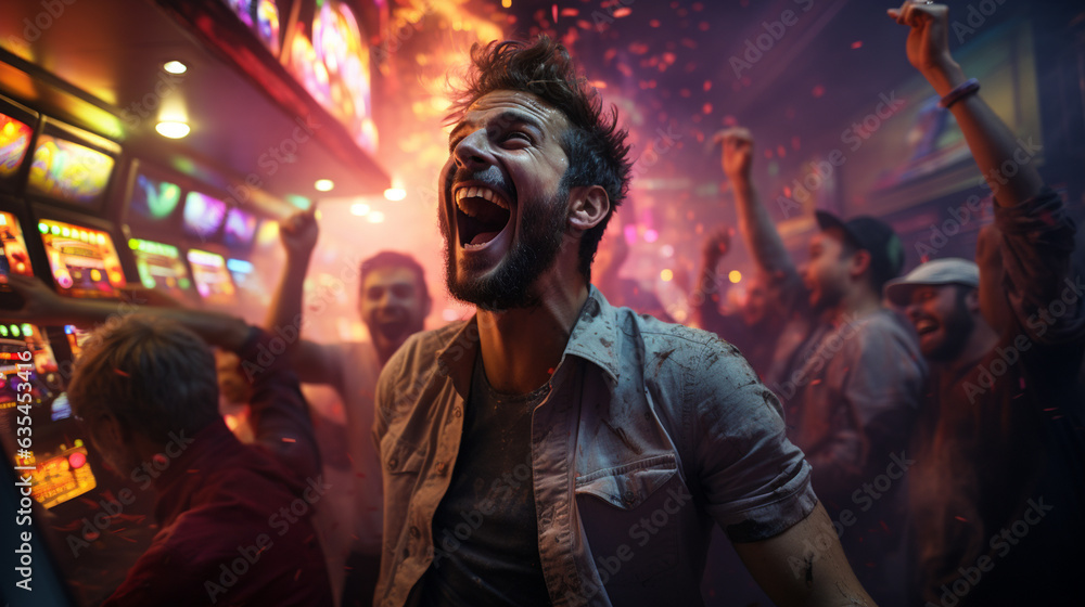 Man rejoice at winning on a slot machine at the casino. Generative Ai Man rejoice at winning on a slot machine at the casino. Generative Ai