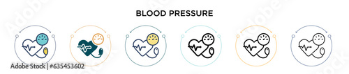 Blood pressure icon in filled, thin line, outline and stroke style. Vector illustration of two colored and black blood pressure vector icons designs can be used for mobile, ui, web