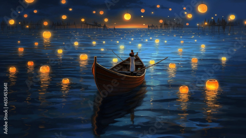 light lantern celebration travel water festival lamp boat river night. Generative AI. © VICHIZH