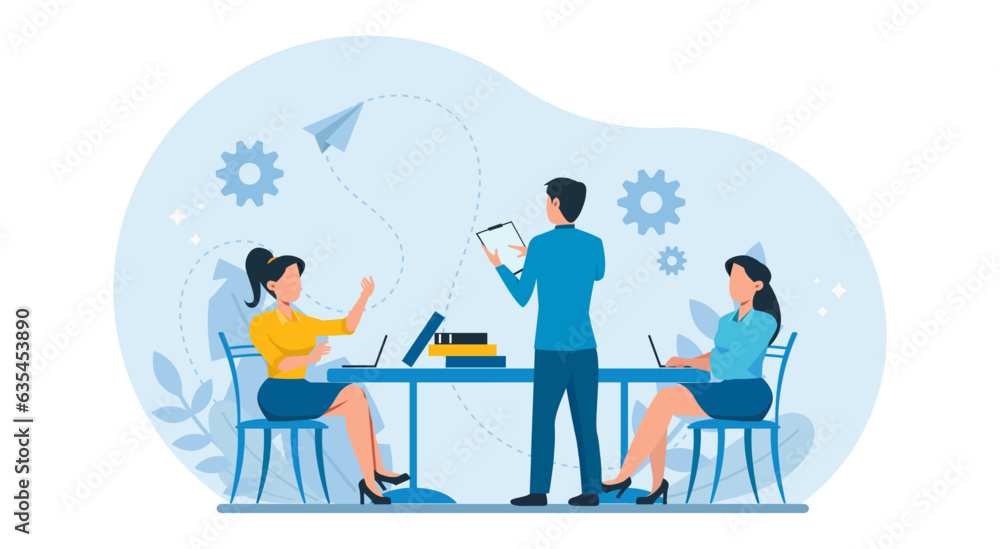 Vector of business people in an office brainstorming new ideas and plans