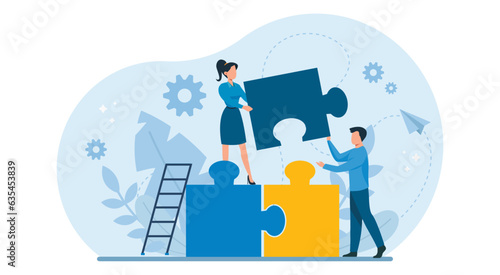 Teamwork concept. Vector of businesspeople solving a problem in a team.