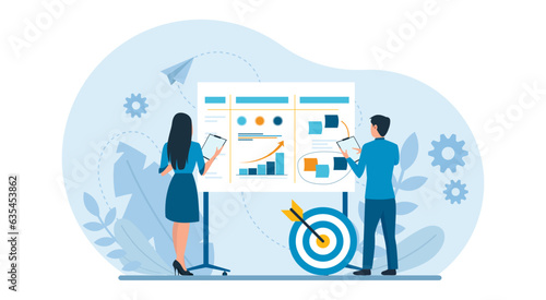 Vector of business marketing team planning, analyzing financial reports and data to increase revenues