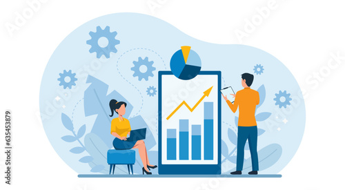 Vector of business marketing team planning, analyzing financial reports and data to increase revenues