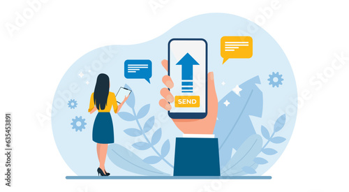 Vector of a woman sending emails and digital files over a secure network connection