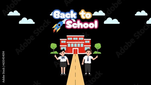 Back to school cartoon animation, 4k alpha channel video. Cute boy and girl in formal uniform will start new year. 3d text effect view among the clouds and flying rocket. Animated kids education.