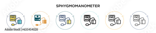 Sphygmomanometer icon in filled, thin line, outline and stroke style. Vector illustration of two colored and black sphygmomanometer vector icons designs can be used for mobile, ui, web
