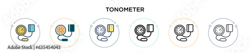 Tonometer icon in filled, thin line, outline and stroke style. Vector illustration of two colored and black tonometer vector icons designs can be used for mobile, ui, web