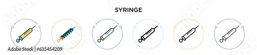 Syringe icon in filled, thin line, outline and stroke style. Vector illustration of two colored and black syringe vector icons designs can be used for mobile, ui, web