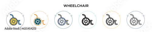 Wheelchair icon in filled, thin line, outline and stroke style. Vector illustration of two colored and black wheelchair vector icons designs can be used for mobile, ui, web