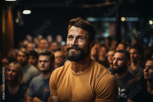 A successful bodybuilder leading a motivational fitness seminar, inspiring others to pursue their fitness goals. Generative Ai
