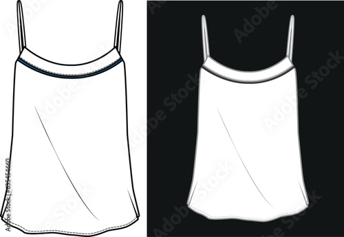 Strappy top, Rope Strap Camisole Top Woman, Flat Sketch Vector Template, Women's Top Design, Fashion Flat Sketch, apparel template, Black and White vector women's clothing