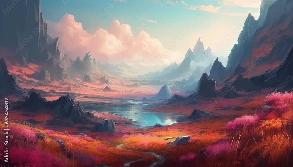 Fantasy landscape, beautiful scenery with mountains Fantasy landscape, beautiful scenery with mountains