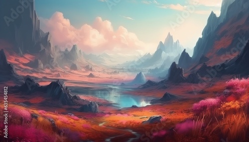Fantasy landscape, beautiful scenery with mountains