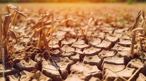 Dried crops close up over a cracked dry land, draught, food crisis concept