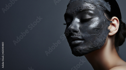 Activated Charcoal Beauty Model Portrait. Web banner with empty copy space on the side. Generative AI. 