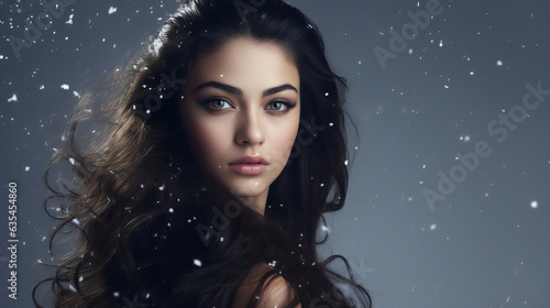 Winter Beauty Model Portrait. Web banner with empty copy space on the side. Generative AI. 