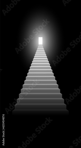 Staircase leading up. Vector illustration of stairs going up to the door with bright light. Template for creativity.