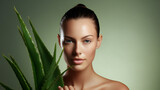 Aloe Vera Beauty Model Portrait. Web banner with empty copy space on the side. Generative AI. 
