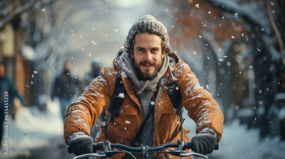 Fototapeta premium Man riding bicycle in winter. Generative Ai