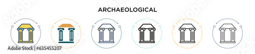 Archaeological icon in filled, thin line, outline and stroke style. Vector illustration of two colored and black archaeological vector icons designs can be used for mobile, ui, web