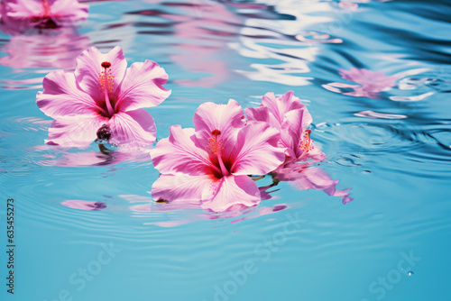 hibiscus flower in water. swimming pool and tropics. pink background on blue. tropical background and texture. summer