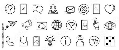 Contact us icon collection in hand drawn doodle outline style. Vector set with customer support black and white symbols - chat, email, phone and others
