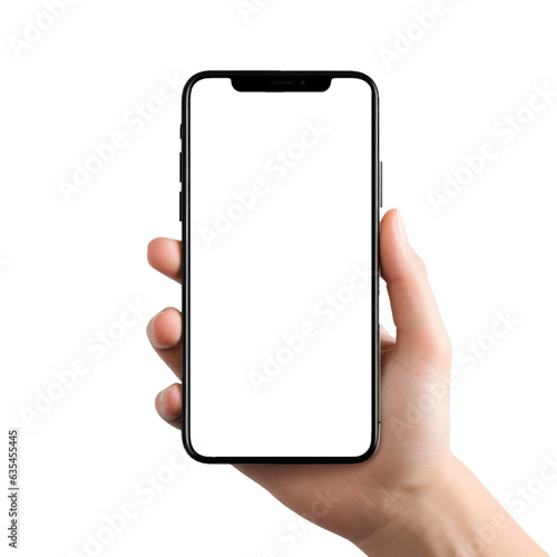 White female hand holding black smartphone with transparent screen. Mockup isolated on transparent background, smartphone frameless application design concept. Generative ai.