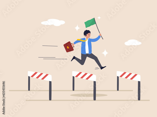 Success journey or aspirations concept. Overcome obstacle or challenge, determination, progress or effort to overcome difficulty, confidence businessman entrepreneur jumping over series of hurdles.