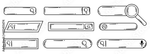 Search bar collection in hand drawn doodle style. Black and white set of research frame with magnifier.
