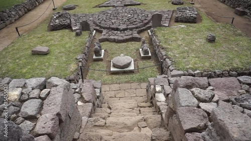 The view of Cetho Temple, an ornament in the shape of a giant tortoise, which is thought to be the symbol of Majapahit, is on the third terrace.