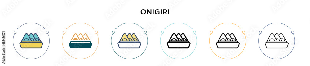 Onigiri icon in filled, thin line, outline and stroke style. Vector illustration of two colored and black onigiri vector icons designs can be used for mobile, ui, web
