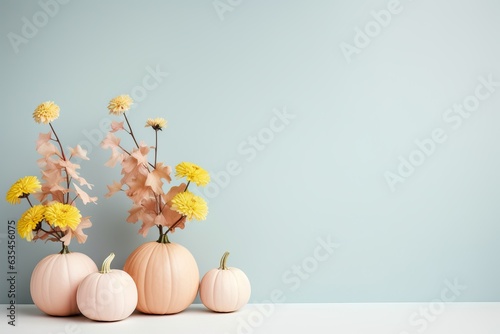 Fotomurale Minimal trendy thanksgiving halloween background, banner with pastel pumpkins with copy space