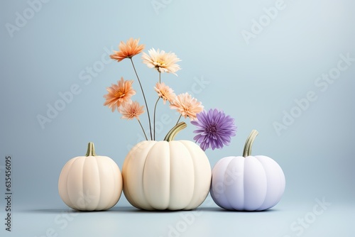Minimal trendy thanksgiving halloween background, banner with pastel pumpkins with copy space. Autumn holidays decoration arrangement with pastel pumpkins and flowers