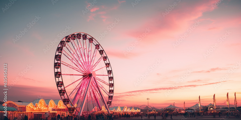 ferris wheel at dusk, ferris wheel at sunset, ferris wheel at night, 
