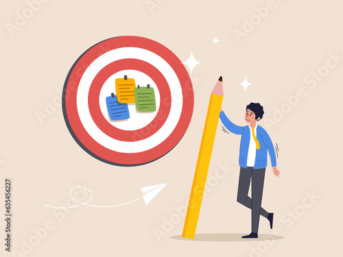 Goal setting concept. Achievable target or purposeful objective, mission to accomplish or challenge to win for business success, businessman write down goal on notes and put on big dartboard target.