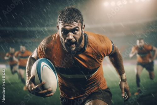 Rugby sportsman players with ball in action on stadium under lights. Emotional team under rain, splash drops. © Andrii IURLOV