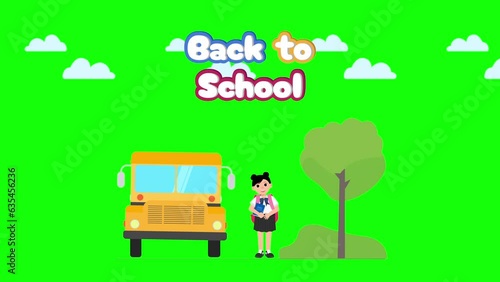 Back to school cartoon animation. Girl is celebrating lesson day. Flat design, green screen 4k video. Seamless loop motion graphics.