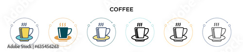 Coffee icon in filled, thin line, outline and stroke style. Vector illustration of two colored and black coffee vector icons designs can be used for mobile, ui, web