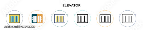 Elevator icon in filled, thin line, outline and stroke style. Vector illustration of two colored and black elevator vector icons designs can be used for mobile, ui, web