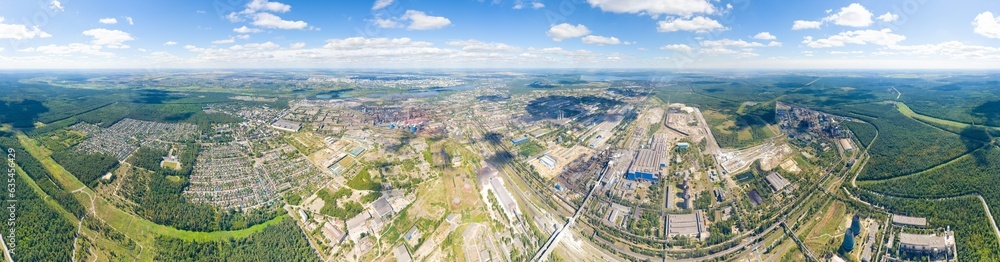 Lipetsk, Russia. Metallurgical plant. Blast furnaces. City view in summer. Sunny day. Panorama 360. Aerial view