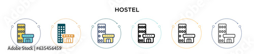 Hostel icon in filled, thin line, outline and stroke style. Vector illustration of two colored and black hostel vector icons designs can be used for mobile, ui, web