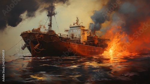 dramatic painting depicting a ship engulfed in flames on a stormy ocean © mattegg