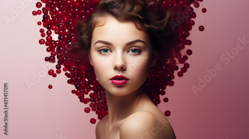 Cranberry Beauty Model Portrait. Web banner with empty copy space on the side. Generative AI.