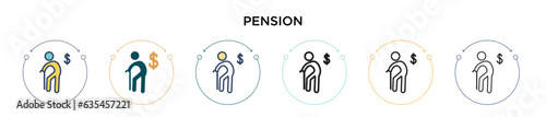 Pension icon in filled  thin line  outline and stroke style. Vector illustration of two colored and black pension vector icons designs can be used for mobile  ui  web